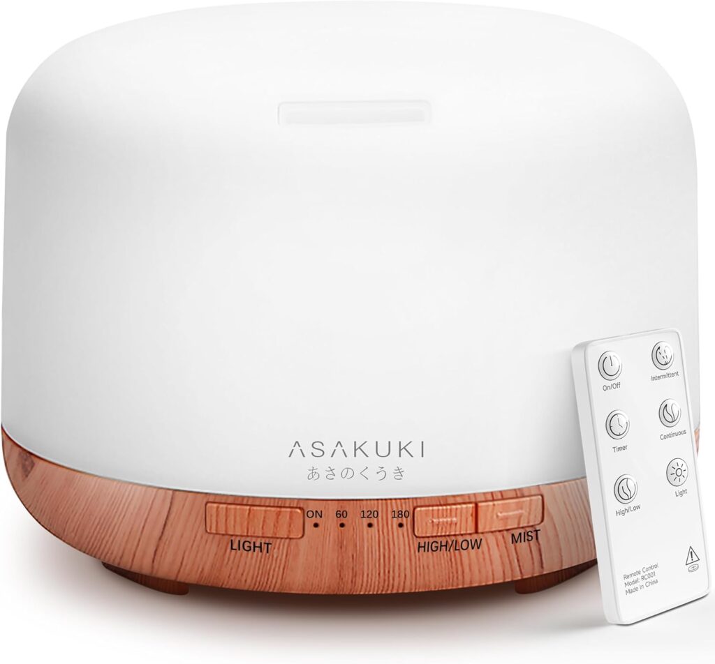 ASAKUKI Aroma Diffuser 500 ml, Ultraschall Duftlampe mit LED-Lichtfarben und automatischer Abschaltung