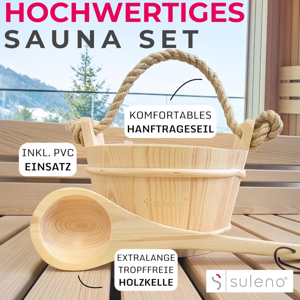 Suleno Sauna Zubehör Set mit Eimer, Kelle und Thermometer